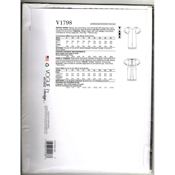 Vogue V1798 Misses 8 to 16 Rachel Comey Shift Dress UNCUT Sewing Pattern - Picture 2 of 2